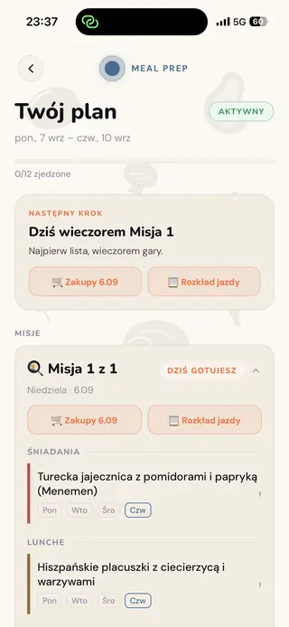 Ekran Meal Prep: plan posiłków na kilka dni z listą zakupów