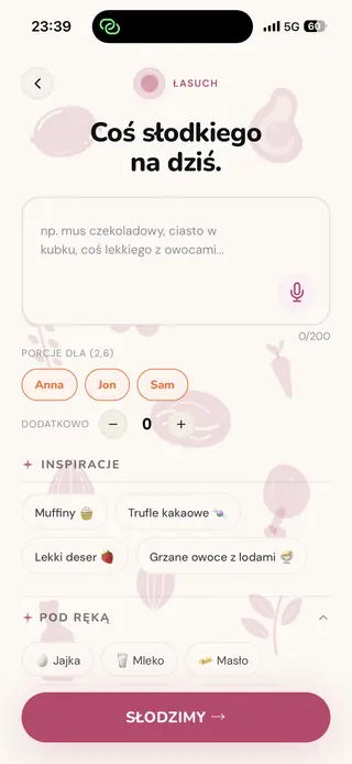 Ekran trybu Łasuch: pole na słodką zachciankę i gotowe inspiracje