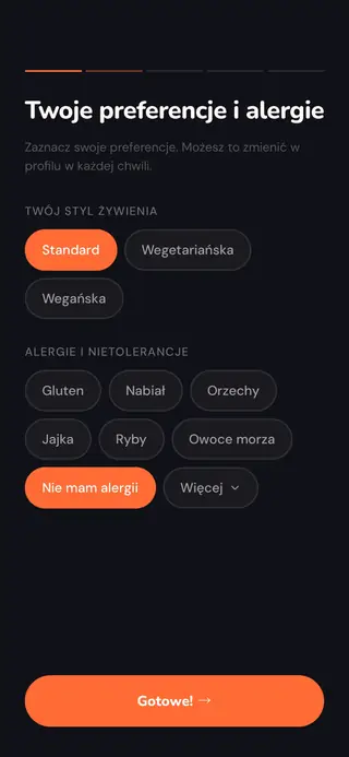 Ekran startowy z pytaniem o dietę, alergie i nietolerancje