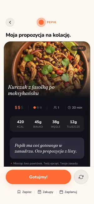 Gotowy przepis z czasem, kosztem, kaloriami i przyciskami Gotujmy, Zakupy, Zaplanuj
