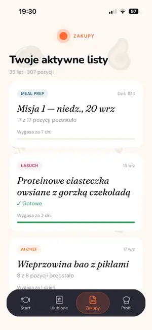 Aktywne listy zakupów z postępem