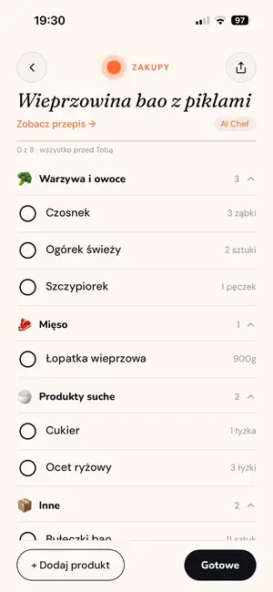 Lista zakupów jednego przepisu pogrupowana w działy
