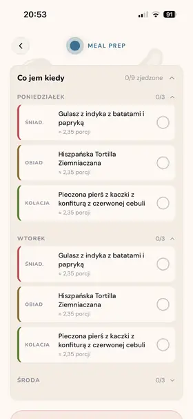 Widok „Co jem kiedy” z posiłkami do odhaczenia