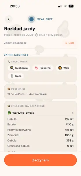 Rozkład jazdy: stanowiska, pojemniki i składniki na całą misję