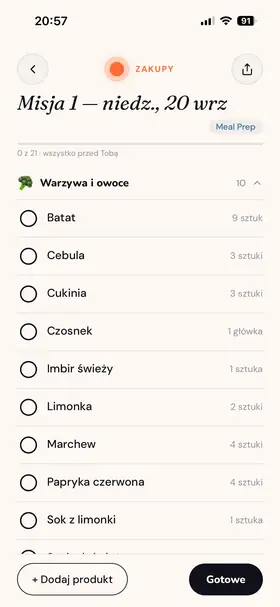 Lista zakupów misji pogrupowana w działy